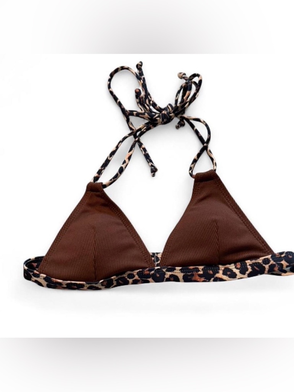 Triangle Bikini Top in Brown with Leopard Trim